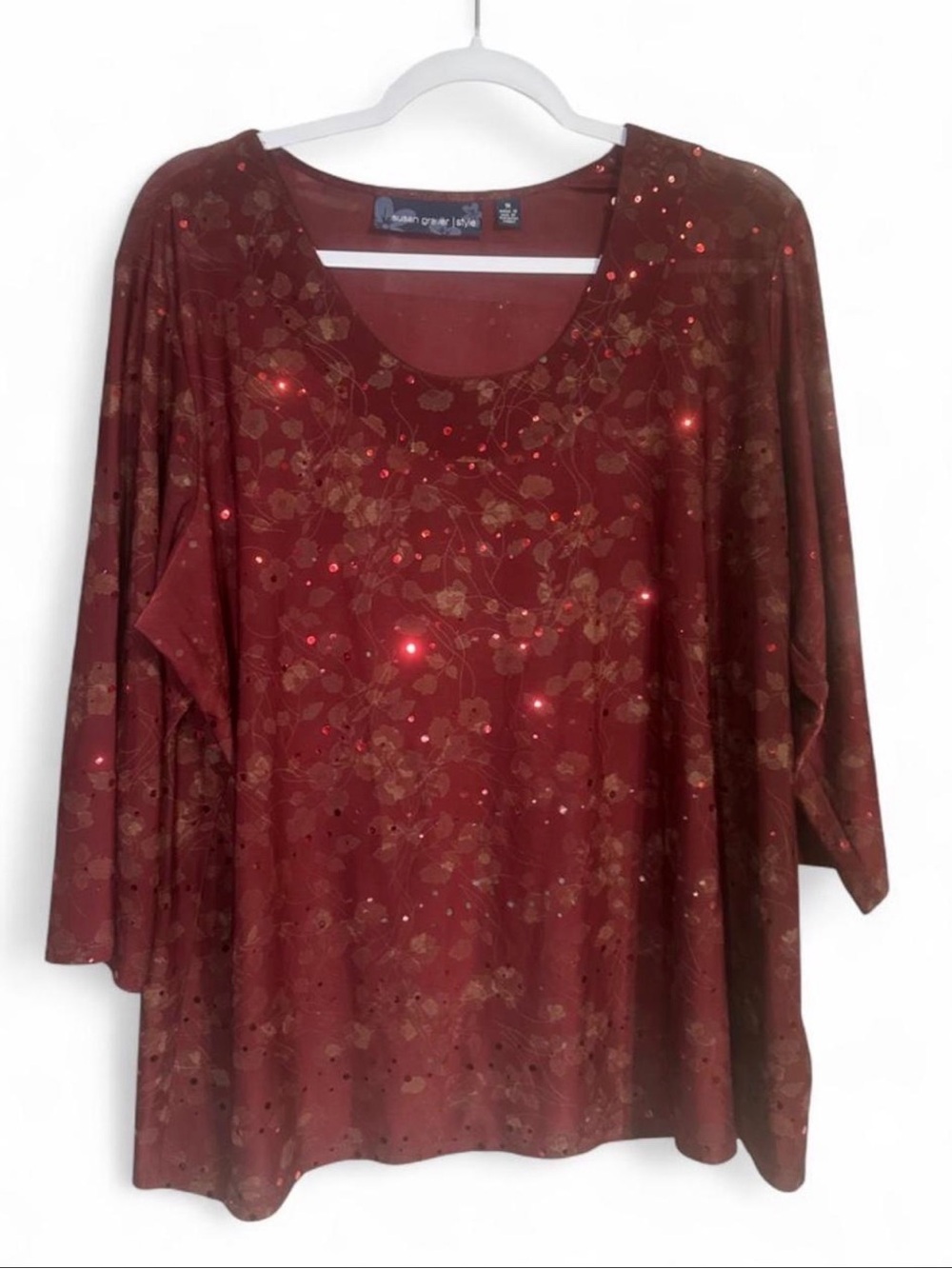 Susan Graver Burgundy Sequin Floral Blouse Top